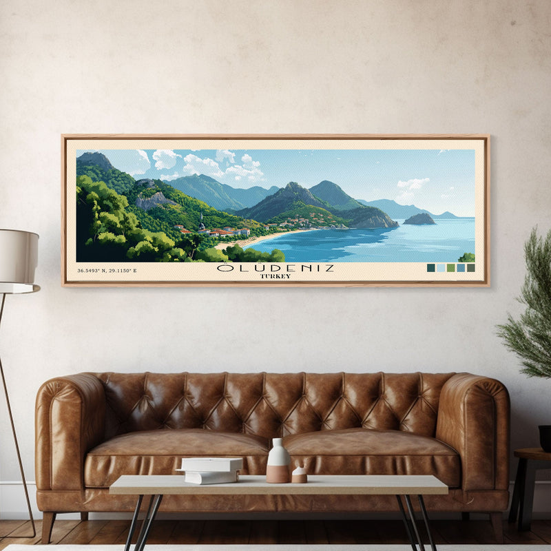 Ã–lÃ¼deniz, Turkey Panoramic Beach Print, Vacation Gift, Turkey Wall Art, Framed Canvas Print, Framed Beach Painting