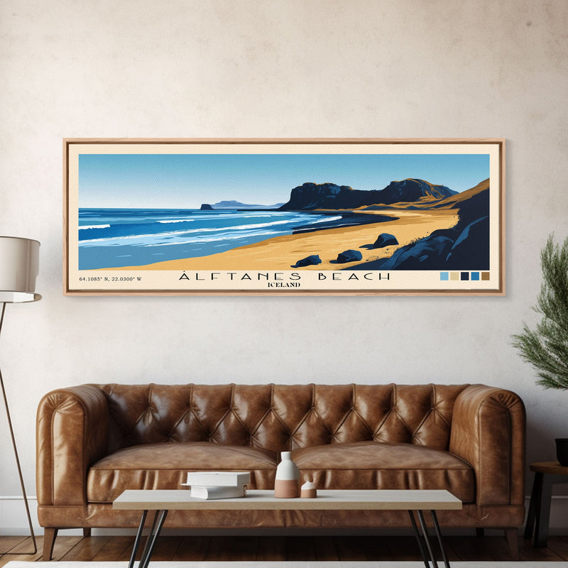 Ãlftanes Beach, Iceland Panoramic Print, Vacation Gift, Iceland Wall Art, Beach Painting, Beach Decor, Large Wall Art, Wood Frame Art