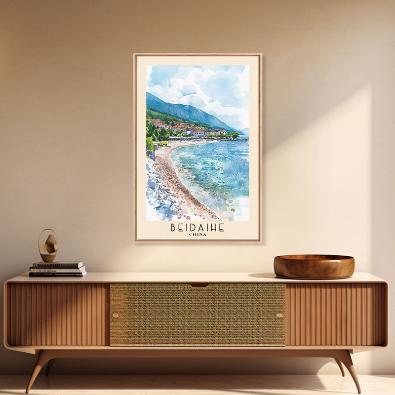 Beidaihe, China Watercolor Beach Print, Vacation Gift, China Wall Art, Framed Canvas Print, Framed Beach Painting