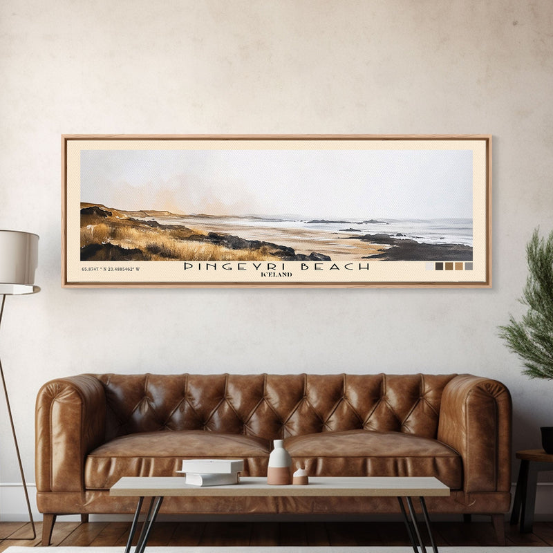 Ãingeyri Beach, Iceland Watercolor Beach Print, Vacation Gift, Iceland Wall Art, Framed Canvas Print, Framed Beach Painting