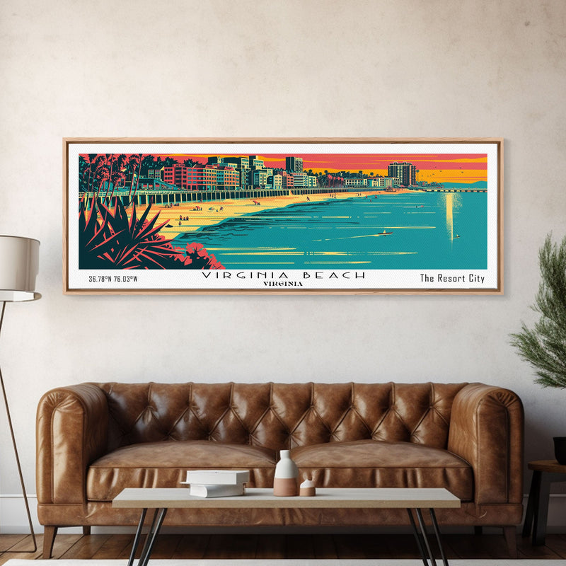 Virginia Beach Virginia Panoramic Travel Poster Framed Canvas Print, Mid Century Modern Art, Pop Art Style, Wall Art, Home Decor, Retro Style Art