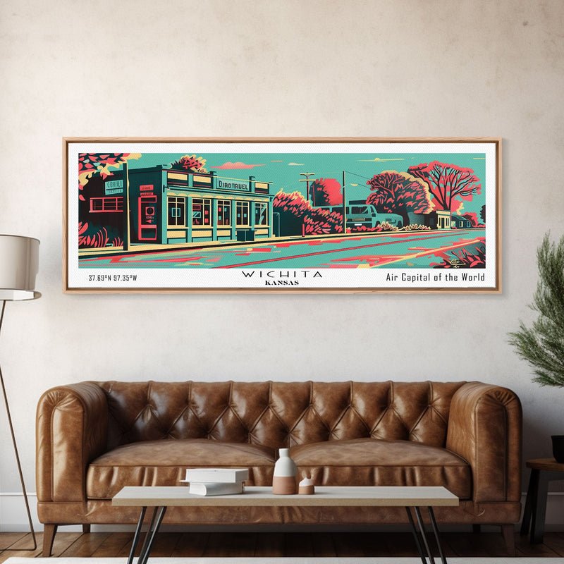 Wichita Kansas Panoramic Wall Art Framed Canvas Print, Travel Poster, Mid Century Modern Art, Pop Art Style, Wall Decor, Office Wall Art