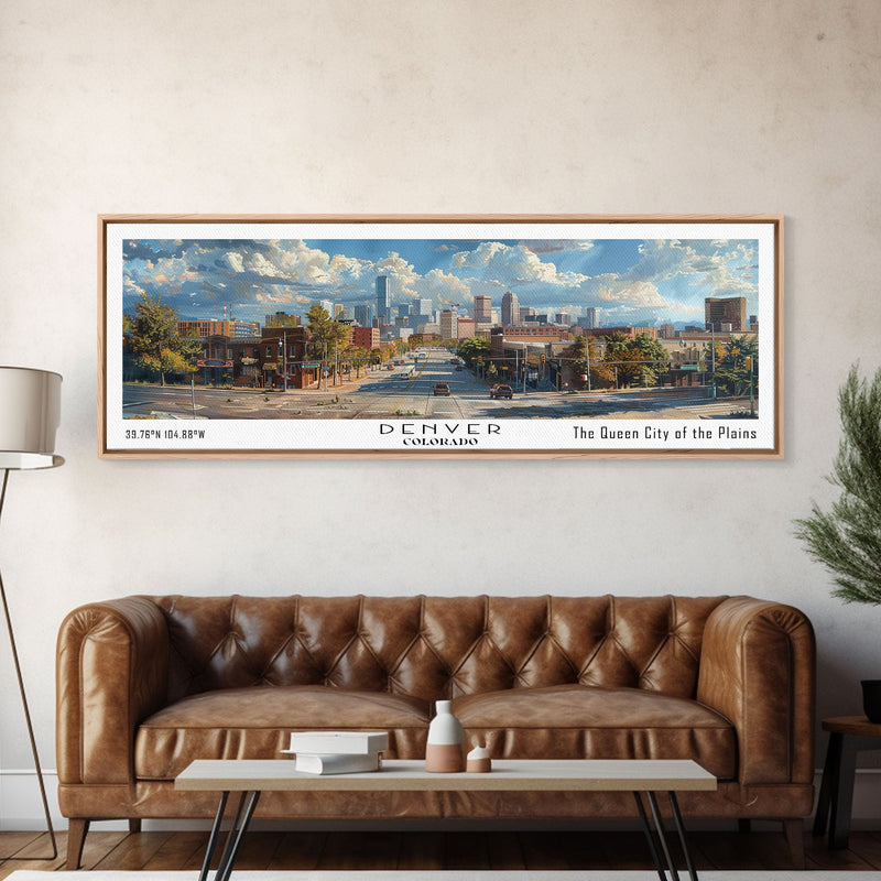 Denver Colorado Panoramic Watercolor Painting, Scenic Framed Canvas Print, Mountain City Wall Art, Travel Poster, Home Decor, Vacation Gift