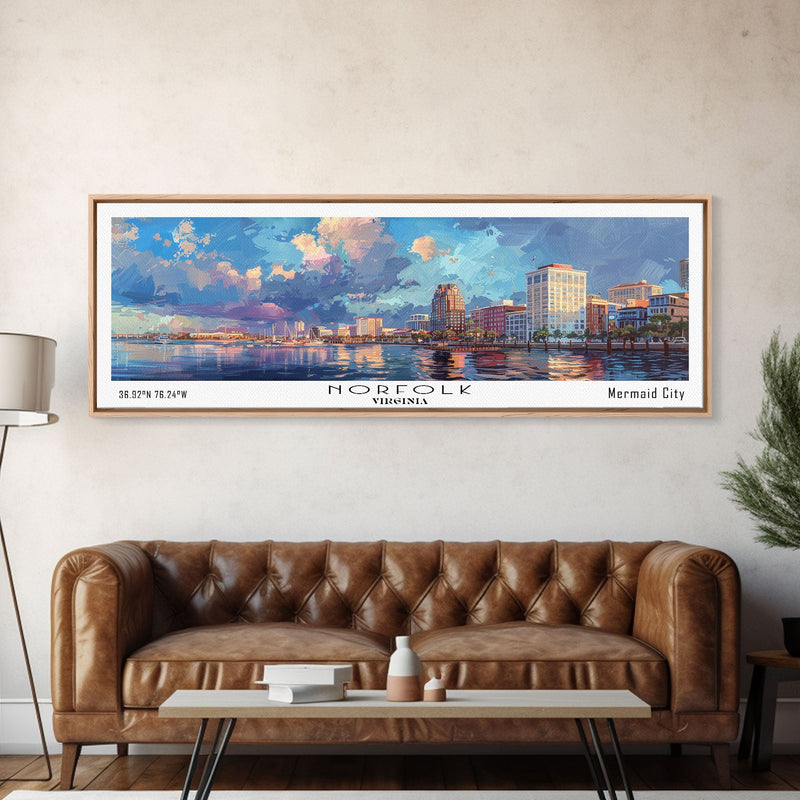 Norfolk Virginia Panoramic Framed Canvas Print, Cityscape Watercolor Painting, Modern Wall Art for Home Decor, Travel Poster, Urban Gift Idea