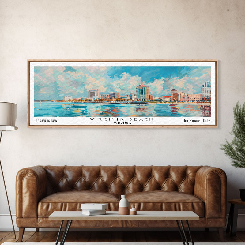 Virginia Beach Virginia Panoramic Painting, Framed Canvas Print, Retro Style Travel Poster, Unique Home Decor, Artistic Office Wall Art