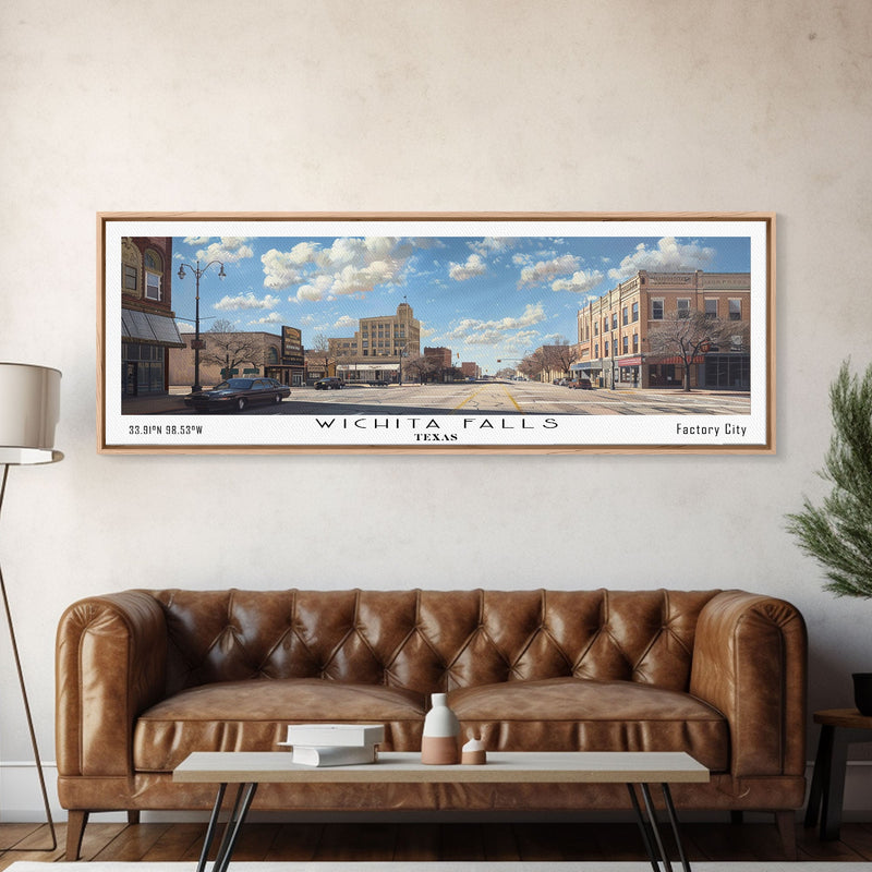 Wichita Falls Texas Panoramic Painting, Framed Canvas Print, Retro Style Travel Poster, Unique Home Decor, Artistic Office Wall Art