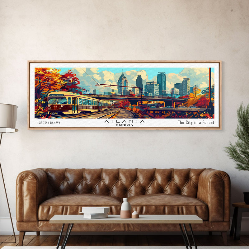 Atlanta Georgia Panoramic Wall Art Framed Canvas Print, Mid Century Modern Art, Pop Art Style, Travel Poster, Home Decor, Wall Hanging