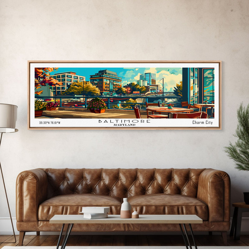 Baltimore Maryland Panoramic Wall Art Framed Canvas Print, Mid Century Modern Art, Pop Art Style, Travel Poster, Home Decor, Retro Style