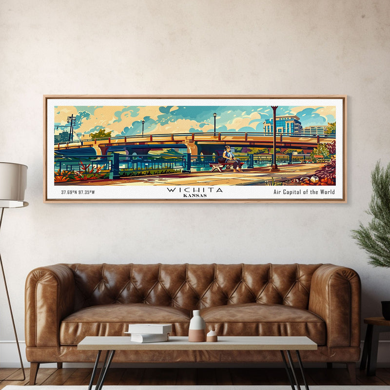 Wichita Kansas Panoramic Painting, Mid Century Modern Framed Canvas Print, Retro Pop Art Travel Poster, Wall Art, Home Decor