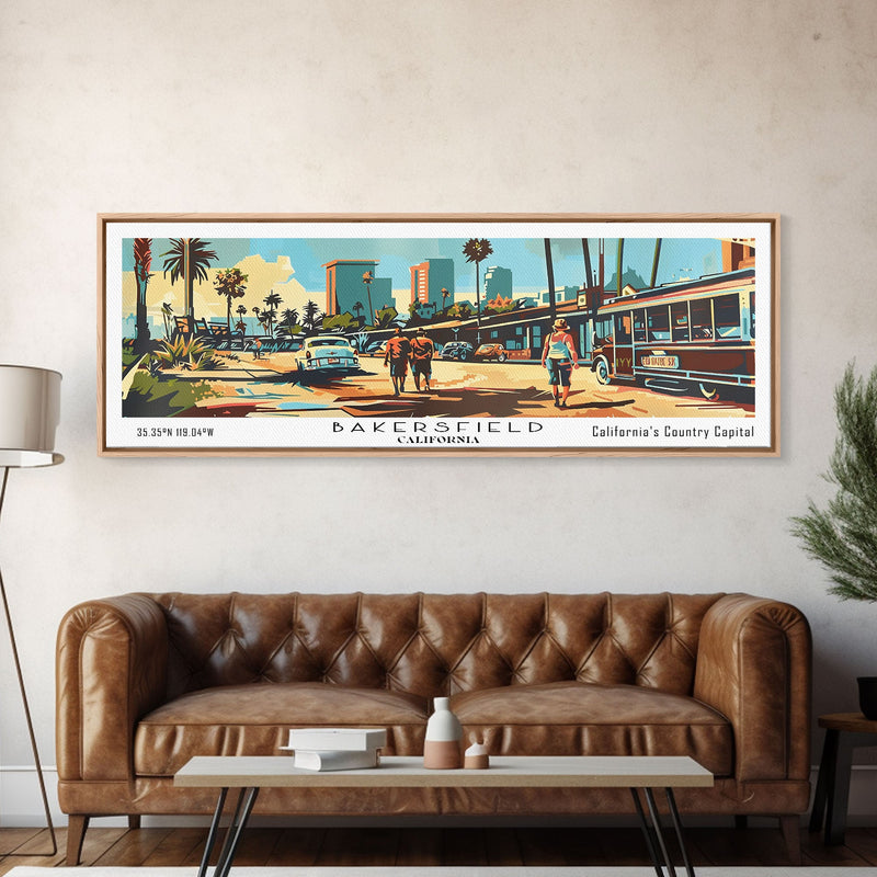 Bakersfield California Panoramic Wall Art, Mid Century Modern Framed Canvas Print, Retro Pop Art Travel Poster, Office Wall Art, Living Room Decor