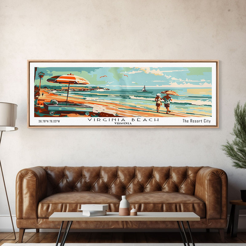 Virginia Beach Virginia Panoramic Wall Art, Mid Century Modern Framed Canvas Print, Retro Pop Art Travel Poster, Living Room and Office Decor