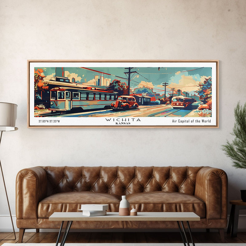 Wichita Kansas Panoramic Painting, Mid Century Modern Framed Canvas Print, Retro Pop Art Travel Poster, Living Room Wall Art and Office Decor