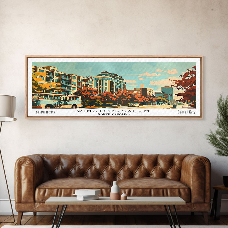 Winston-Salem North Carolina Panoramic Painting, Mid Century Modern Framed Canvas Print, Retro Pop Art Travel Poster, Living Room Wall Art Decor