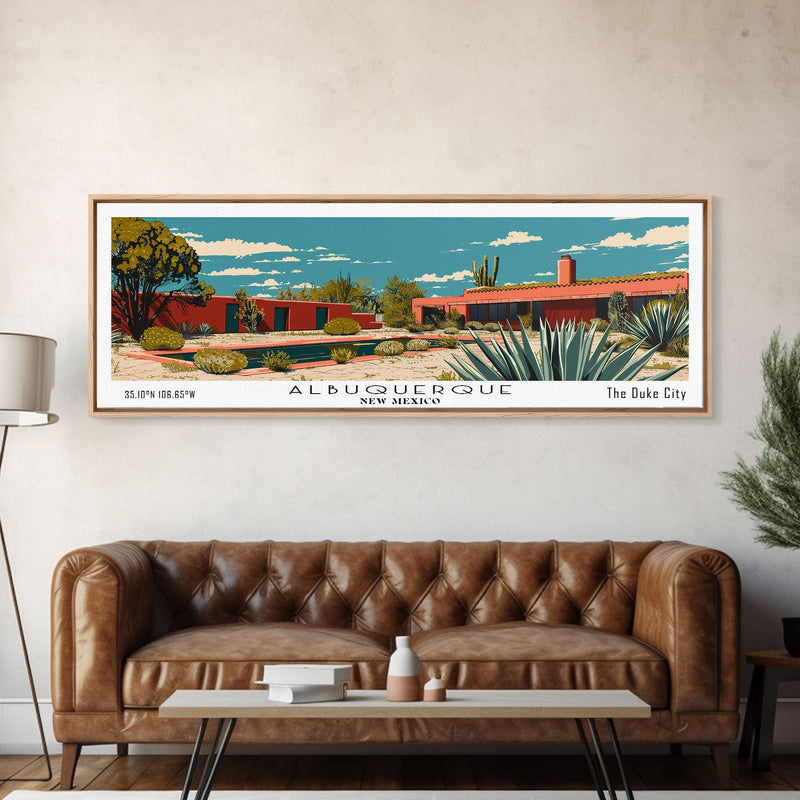 Albuquerque New Mexico Panoramic Painting, Mid Century Modern Framed Canvas Print, Retro Pop Art Travel Poster, Home Decor, City Print