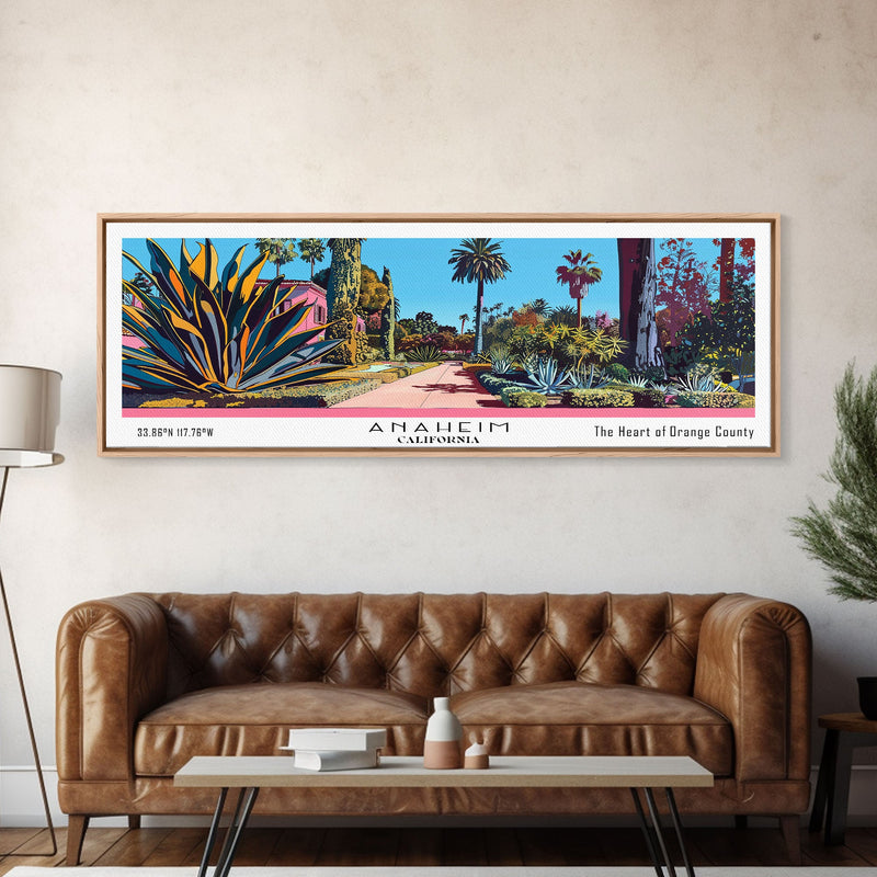 Anaheim California Panoramic Painting, Mid Century Modern Framed Canvas Print, Retro Pop Art Travel Poster, Home Decor, City Art