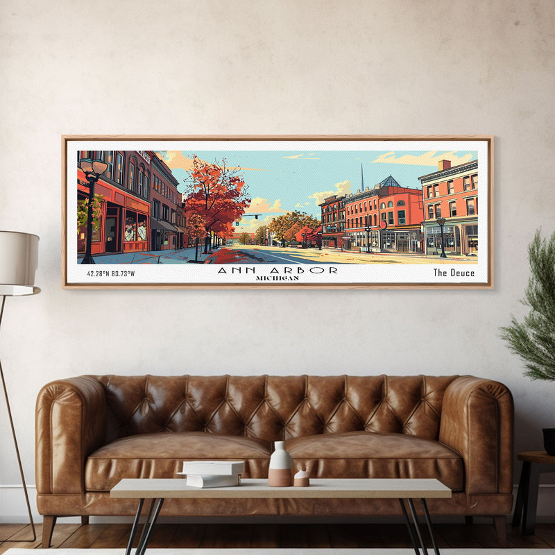 Ann Arbor Michigan Panoramic Painting, Mid Century Modern Framed Canvas Print, Retro Pop Art Travel Poster, Office Art, City Print