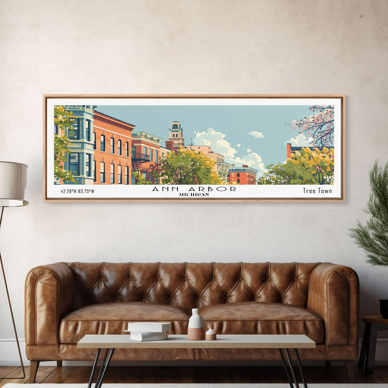 Ann Arbor Michigan Panoramic Painting, Mid Century Modern Framed Canvas Print, Retro Pop Art Travel Poster, Living Room Wall Art Decor, City Print