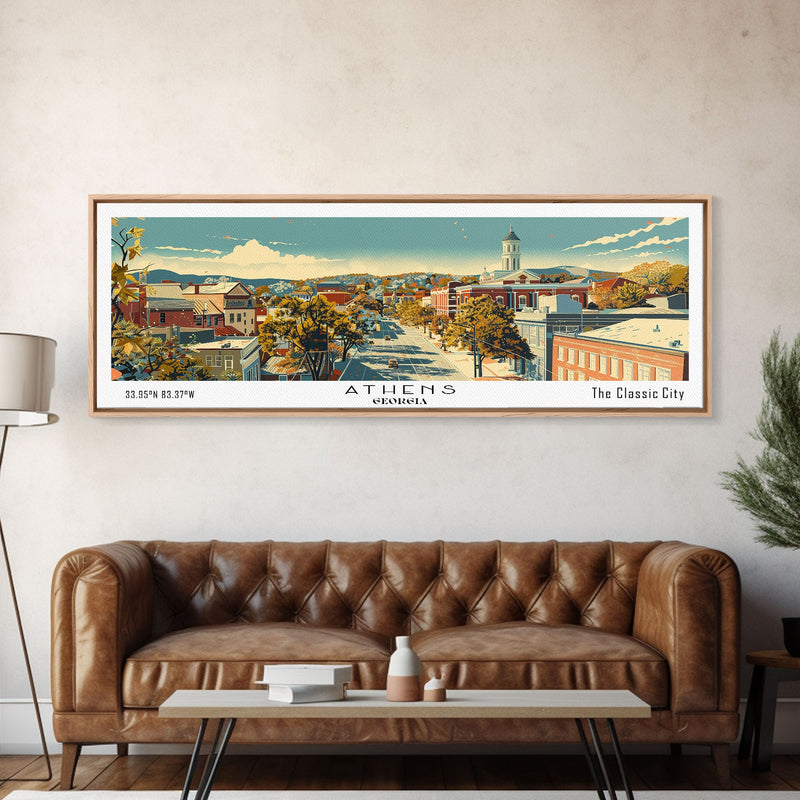 Athens Georgia Panoramic Painting, Mid Century Modern Framed Canvas Print, Retro Pop Art Travel Poster, Living Room Wall Art Decor, City Print