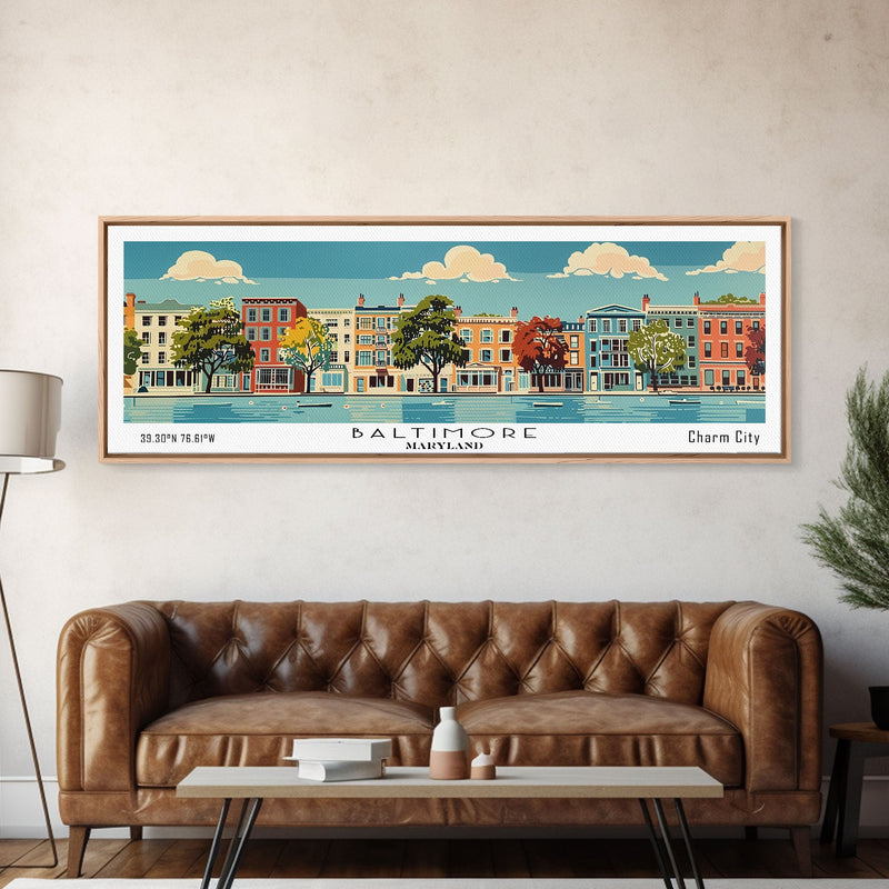 Baltimore Maryland Panoramic Painting, Mid Century Modern Framed Canvas Print, Retro Pop Art Travel Poster, Office Wall Art, City Print