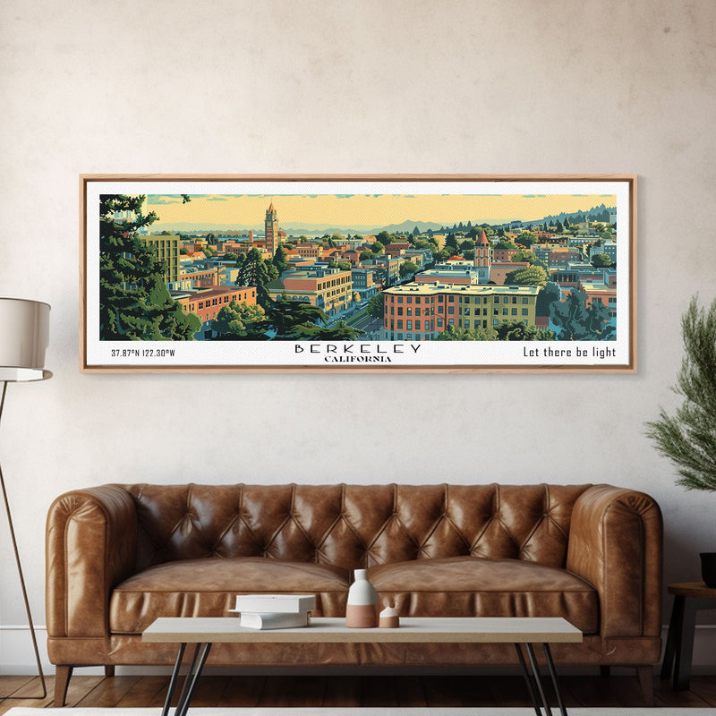 Berkeley California Panoramic Painting, Mid Century Modern Framed Canvas Print, Retro Pop Art Travel Poster, Home Decor, City Print