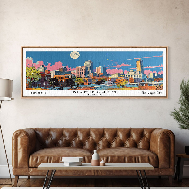 Birmingham Alabama Panoramic Painting, Mid Century Modern Framed Canvas Print, Retro Pop Art Travel Poster, Office Wall Art, City Print