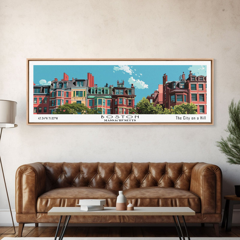 Boston Massachusetts Panoramic Painting, Mid Century Modern Framed Canvas Print, Retro Pop Art Travel Poster, Home Decor, City Art