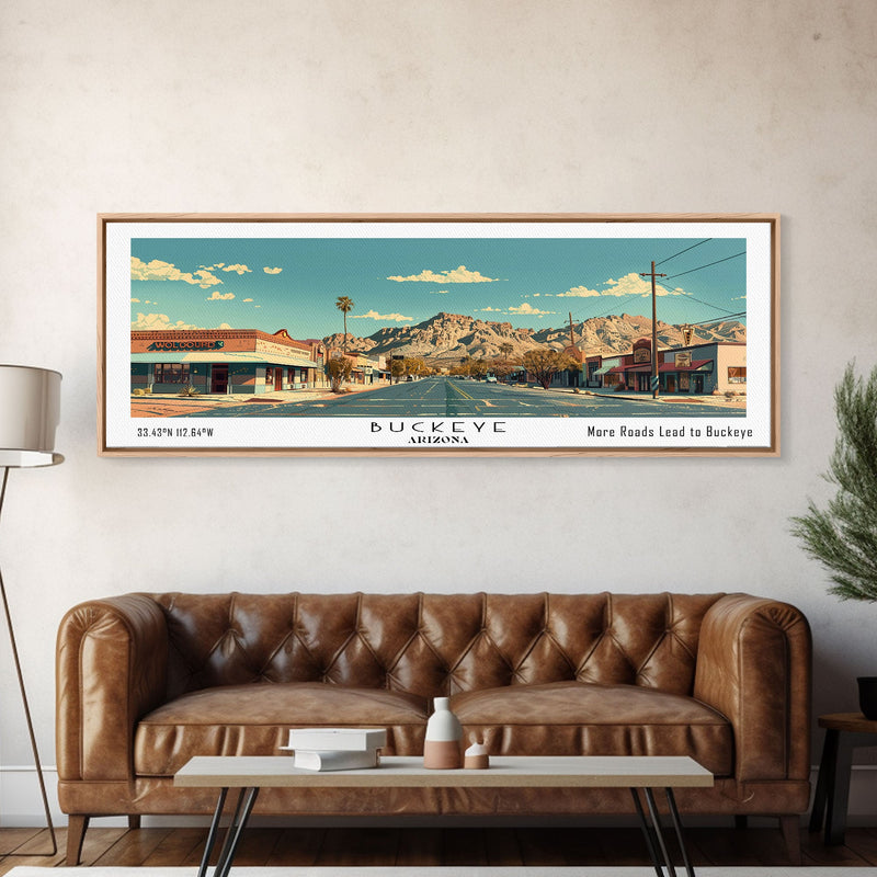 Buckeye Arizona Panoramic Painting, Mid Century Modern Framed Canvas Print, Retro Pop Art Travel Poster, Office Wall Art Decor, City Print