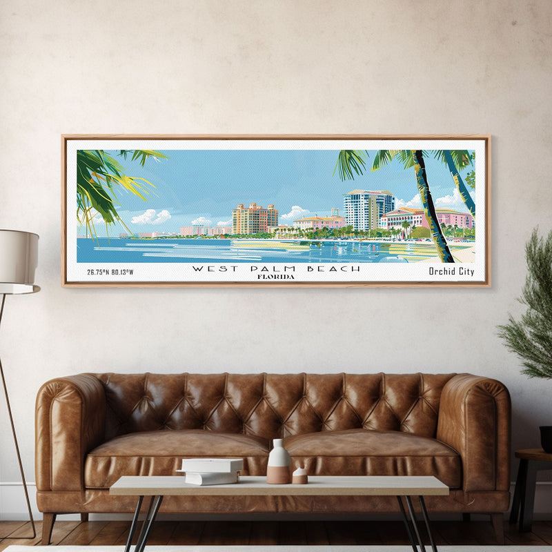 West Palm Beach Florida Panoramic Art, Mid Century Modern Framed Canvas Print, Retro Pop Art Travel Poster, City Print, Living Room Wall Decor