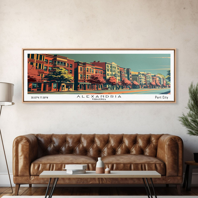 Alexandria Virginia Panoramic Painting, Framed Canvas Print, Mid Century Modern Wall Art, Retro Pop Art Travel Poster, Living Room Decor, City Art