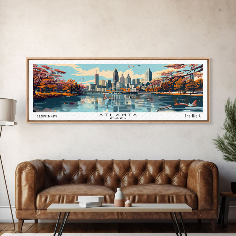 Atlanta Georgia Panoramic Painting, Framed Canvas Print, Mid Century Modern Wall Art, Retro Pop Art Travel Poster, Home Decor, City Art