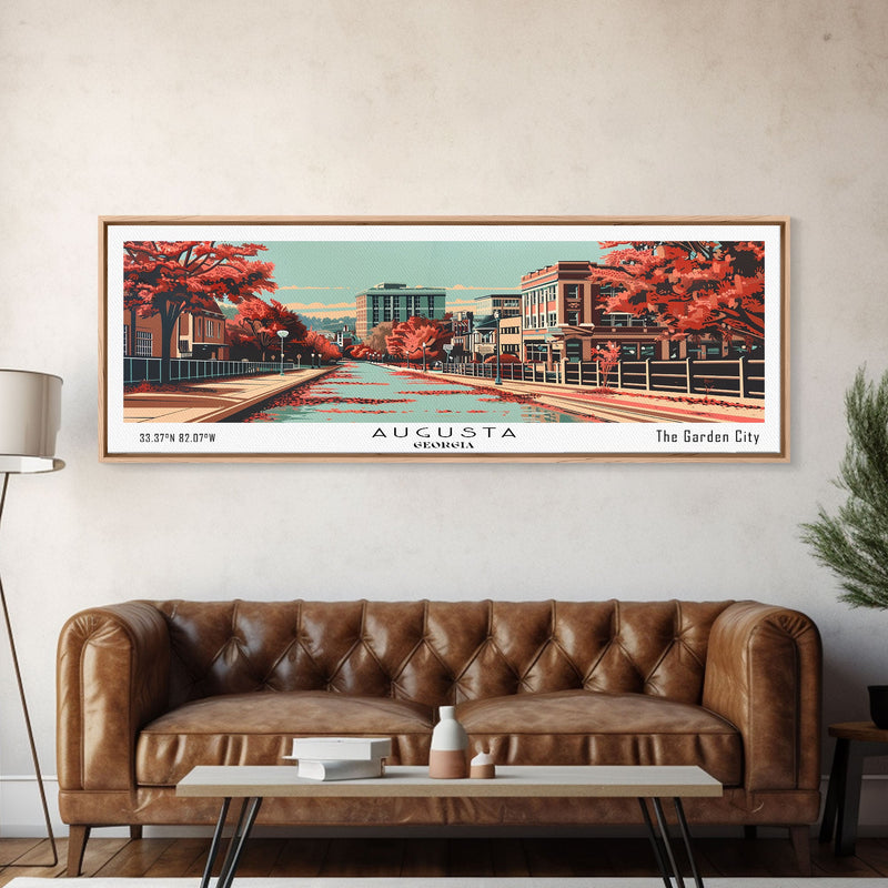 Augusta Georgia Panoramic Painting, Framed Canvas Print, Mid Century Modern Wall Art, Retro Pop Art Travel Poster, Living Room Decor, City Art