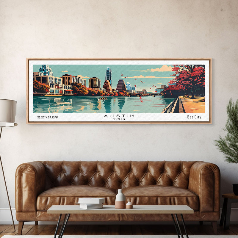 Austin Texas Panoramic Painting, Framed Canvas Print, Mid Century Modern Wall Art, Retro Pop Art Travel Poster, Home Decor, City Art