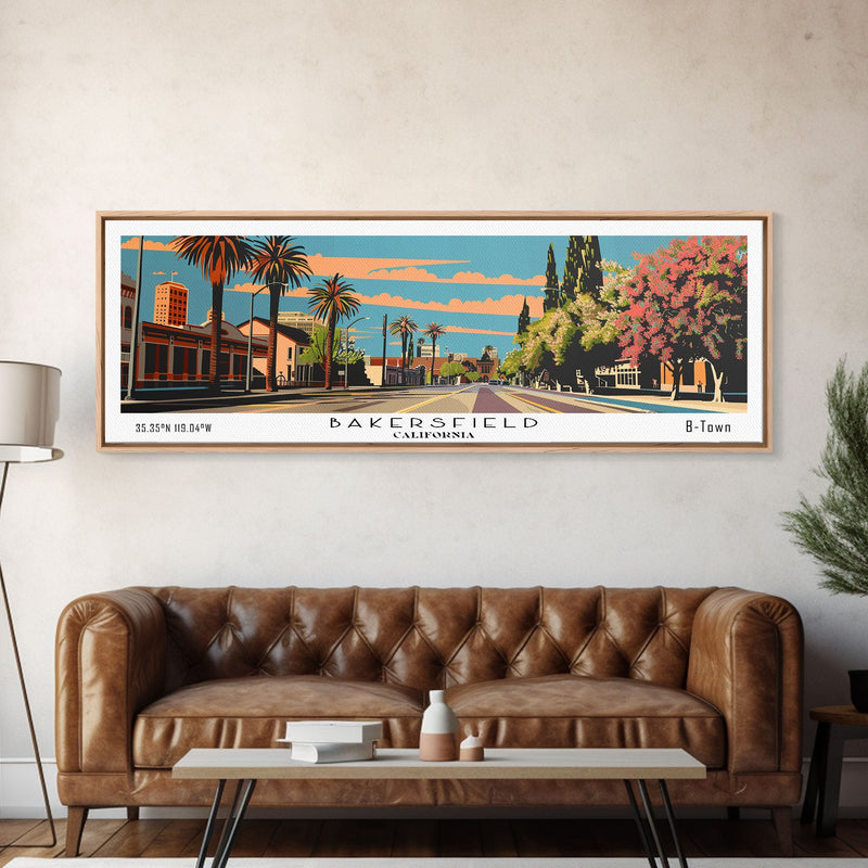 Bakersfield California Panoramic Painting, Framed Canvas Print, Mid Century Modern Wall Art, Retro Pop Art Travel Poster, Living Room Decor, City Art