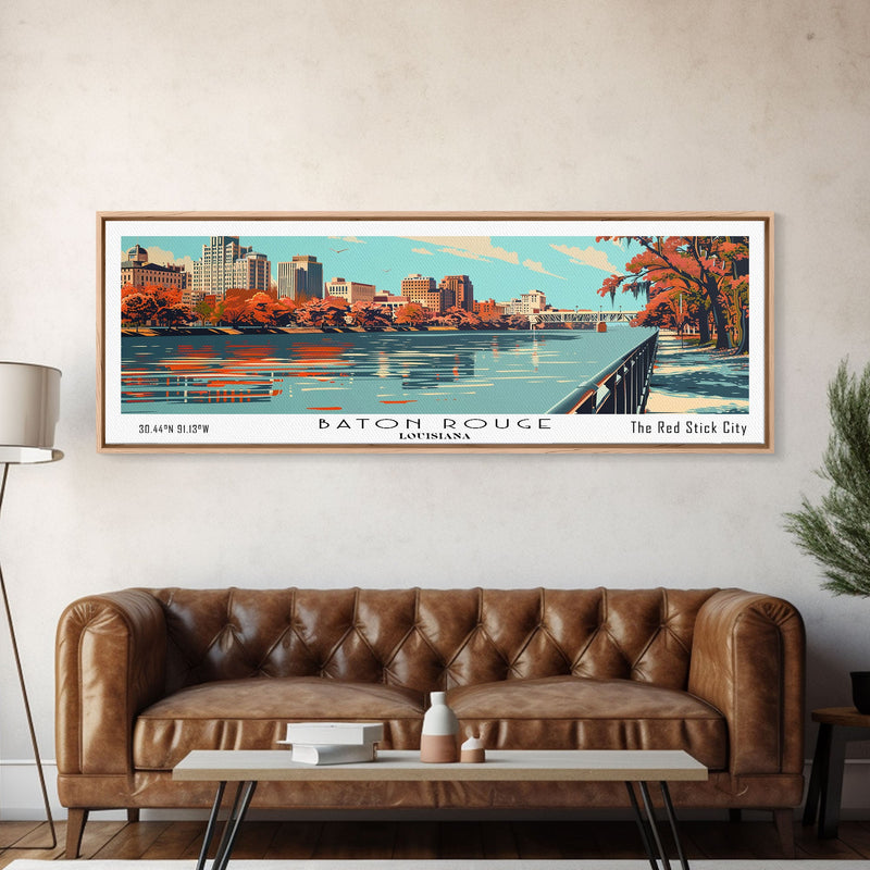 Baton Rouge Louisiana Panoramic Painting, Framed Canvas Print, Mid Century Modern Wall Art, Retro Pop Art Travel Poster, Living Room Decor, City Art