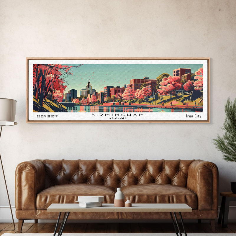 Birmingham Alabama Panoramic Painting, Framed Canvas Print, Mid Century Modern Wall Art, Retro Pop Art Travel Poster, Office Decor, City Art