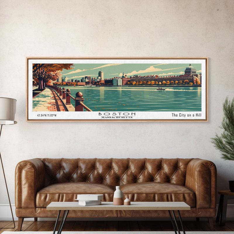 Boston Massachusetts Panoramic Painting, Framed Canvas Print, Mid Century Modern Wall Art, Retro Pop Art Travel Poster, Home Decor, City Art