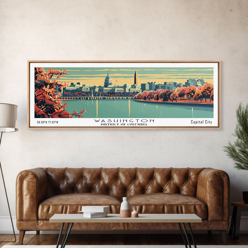 Washington DC Panoramic Wall Art, Mid Century Modern Framed Canvas Print, Retro Pop Art Travel Poster, Cityscape Decor, Office Wall Art