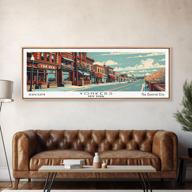 Yonkers New York Panoramic Wall Art, Mid Century Modern Framed Canvas Print, Retro Pop Art Travel Poster, Cityscape Decor, Office Wall Art