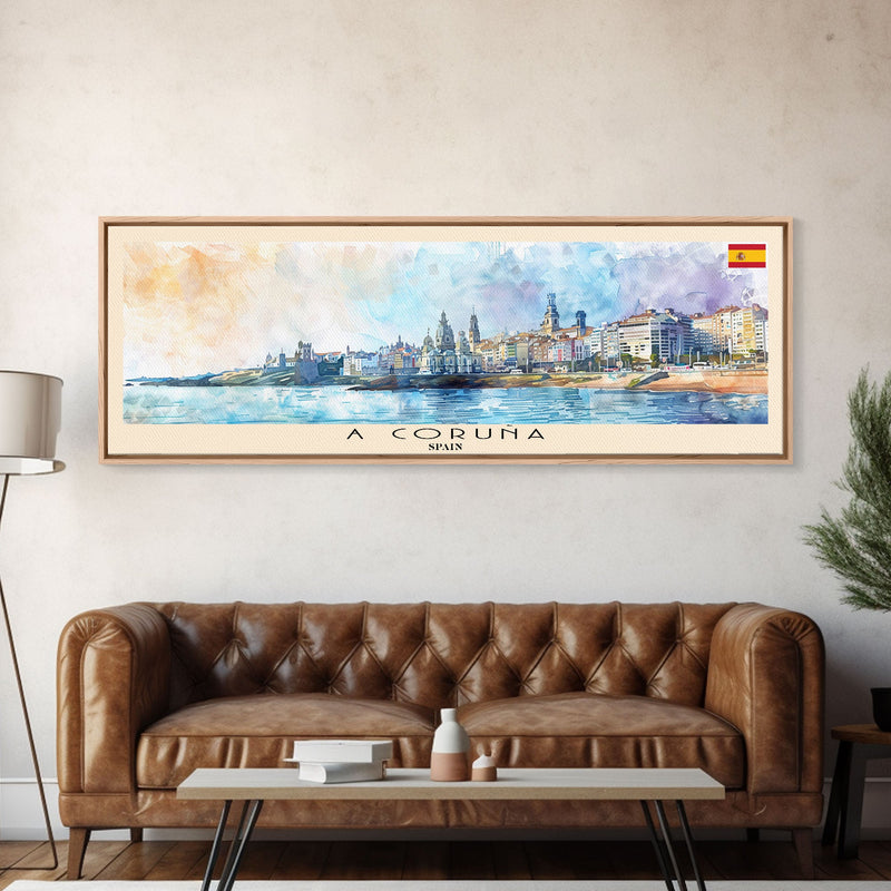 A Coruña Spain Travel Art, City Art, Framed Canvas Print or Metal Wall Art, Europe Travel Poster, Panoramic Wall Art, Extra Wide Wall Art