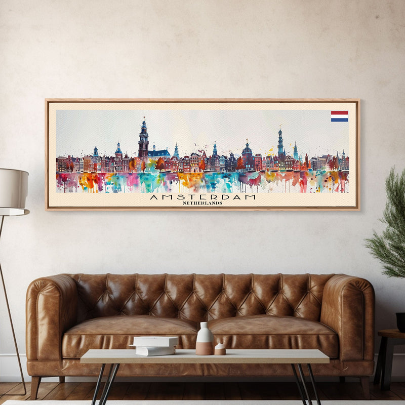 Amsterdam Netherlands Travel Art, City Art, Framed Canvas Print or Metal Wall Art, Europe Travel Poster, Panoramic Wall Art, Extra Wide Wall Art