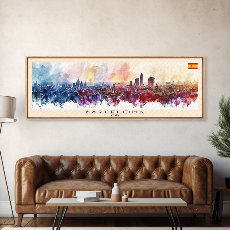 Barcelona Spain Travel Art, City Art, Framed Canvas Print or Metal Wall Art, Europe Travel Poster, Panoramic Wall Art, Extra Wide Wall Art