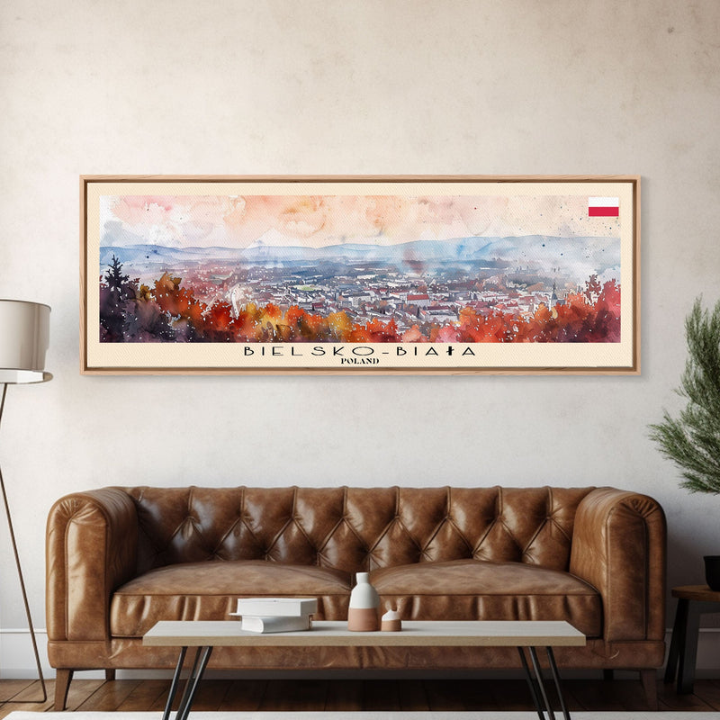 Bielsko Biala Poland Travel Art, City Art, Framed Canvas Print or Metal Wall Art, Europe Travel Poster, Panoramic Wall Art, Extra Wide Wall Art