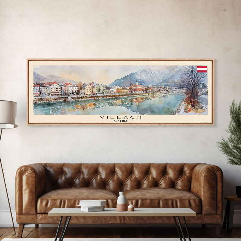 Villach Austria Travel Art, City Art, Framed Canvas Print or Metal Wall Art, Europe Travel Poster, Panoramic Wall Art, Extra Wide Wall Art