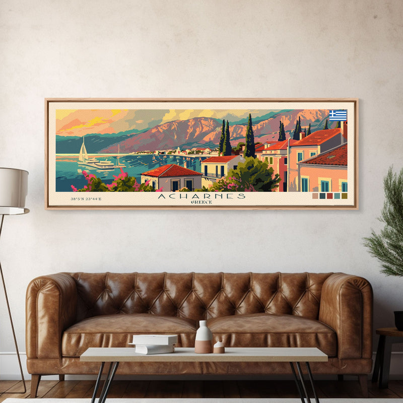 Acharnes Greece Travel Print Wall Art, Panoramic City Art, Travel Art, Wall Decor, Vacation Gift, Framed Canvas Print Or Metal Art