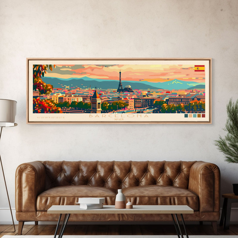 Barcelona Spain Travel Print Wall Art, Panoramic City Art, Travel Art, Wall Decor, Vacation Gift, Framed Canvas Print Or Metal Art