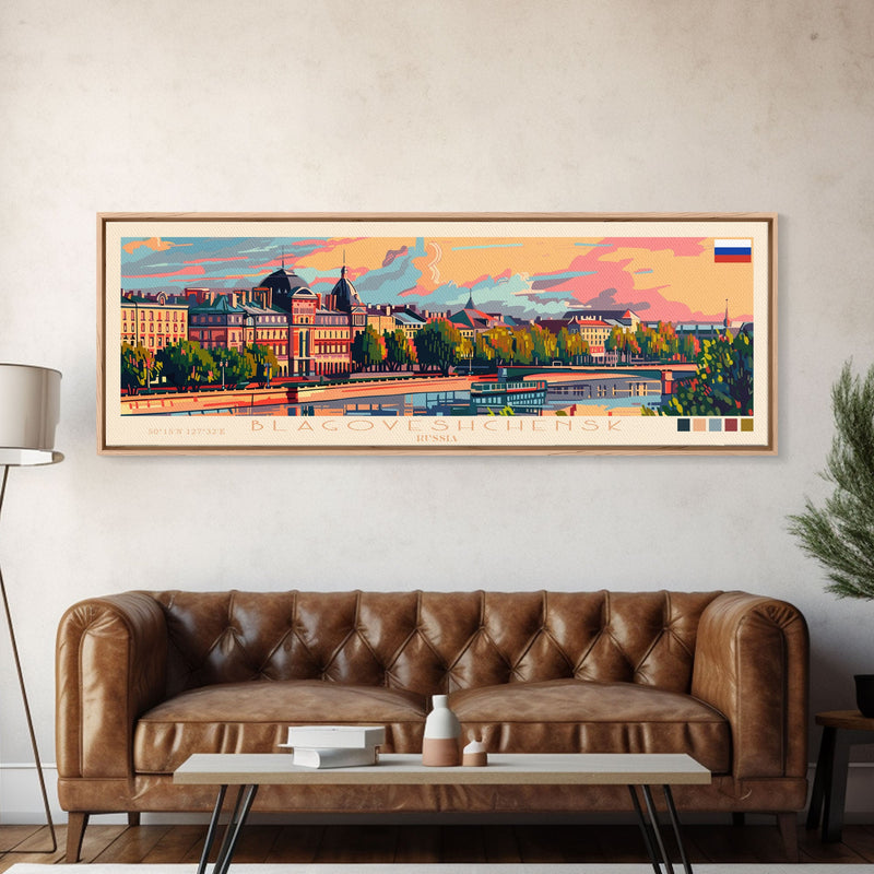 Blagoveshchensk Russia Travel Art, City Art, Framed Canvas Print or Metal Wall Art, Europe Travel Poster, Panoramic Wall Art, Extra Wide Wall Art