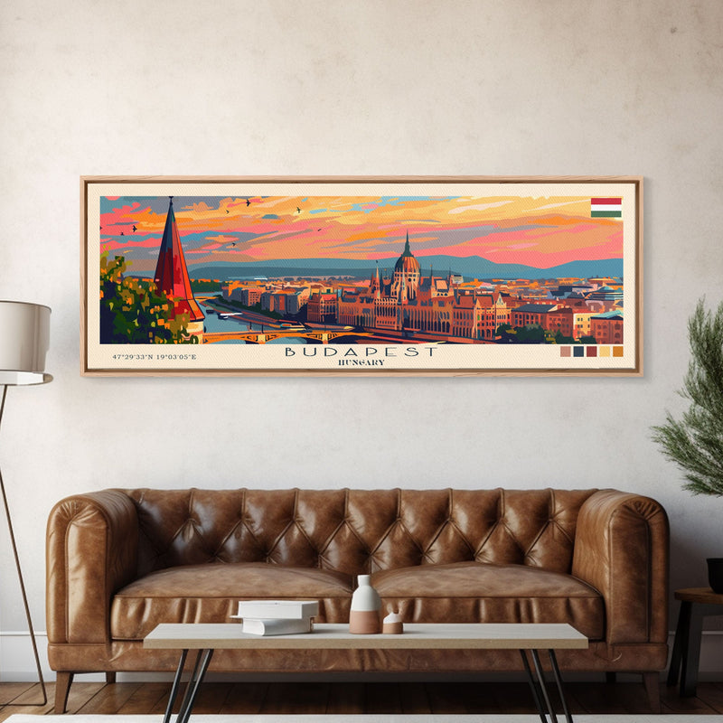 Budapest Hungary Travel Art, City Art, Framed Canvas Print or Metal Wall Art, Europe Travel Poster, Panoramic Wall Art, Extra Wide Wall Art