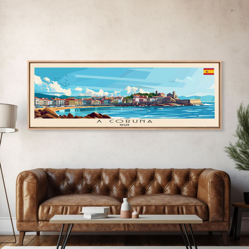 A CoruÅ„a Spain Travel Art, City Art, Framed Canvas Print or Metal Wall Art, Europe Travel Poster, Panoramic Wall Art, Extra Wide Wall Art