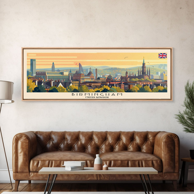 Birmingham United Kingdom Travel Print Wall Art, Panoramic City Art, Travel Art, Wall Decor, Vacation Gift, Framed Canvas Print Or Metal Art