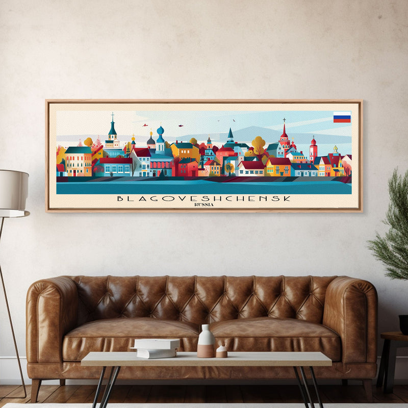 Blagoveshchensk Russia Travel Art, City Art, Framed Canvas Print or Metal Wall Art, Europe Travel Poster, Panoramic Wall Art, Extra Wide Wall Art